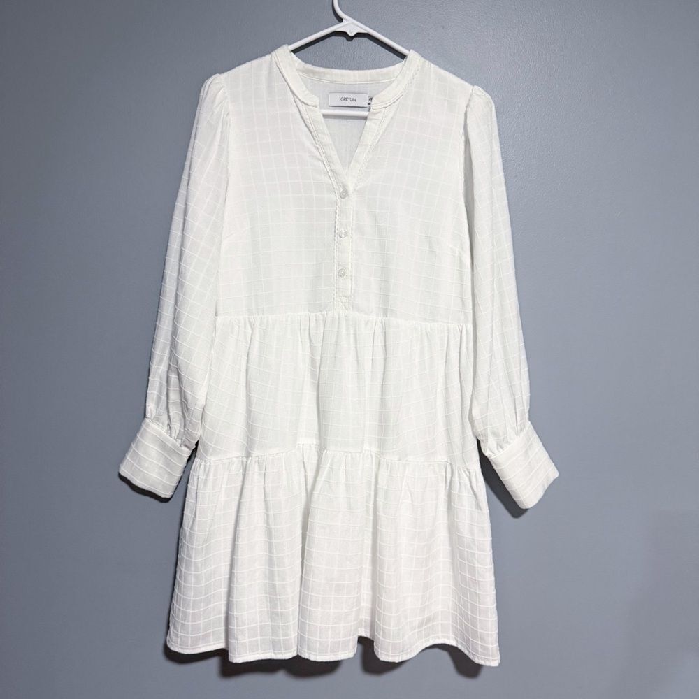 Greylin Pattern Texture Teagan Windowpane Popover Mini Dress Size Small White
